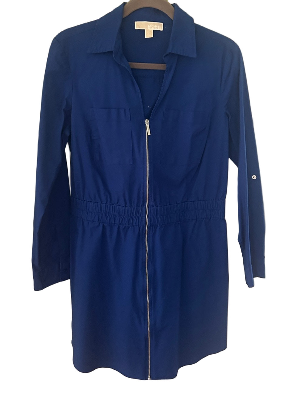 MICHAEL Michael Kors Shirt Dress Cinched Waist Blue Long-Sleeve Zip Front Sporty